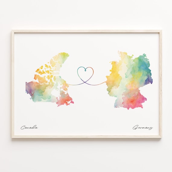 Canada to Germany Watercolor Heart Connection Map Poster for Couples