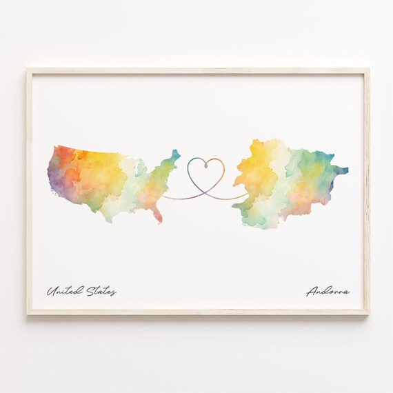 United States To Andorra Watercolor Heart Connection Map Poster