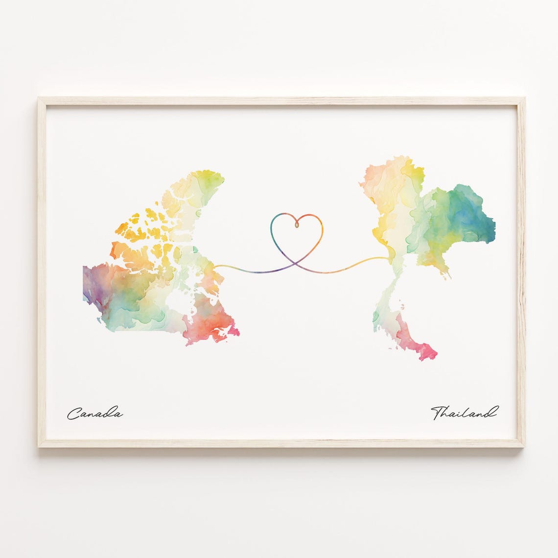 Canada Thailand Watercolor Long Distance Heart Map Art Poster