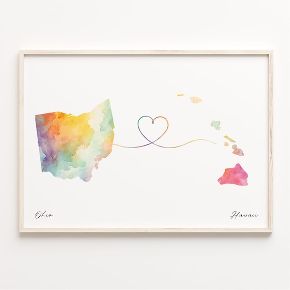 Ohio to Hawaii Watercolor State Map Heart Connection Long Distance Print