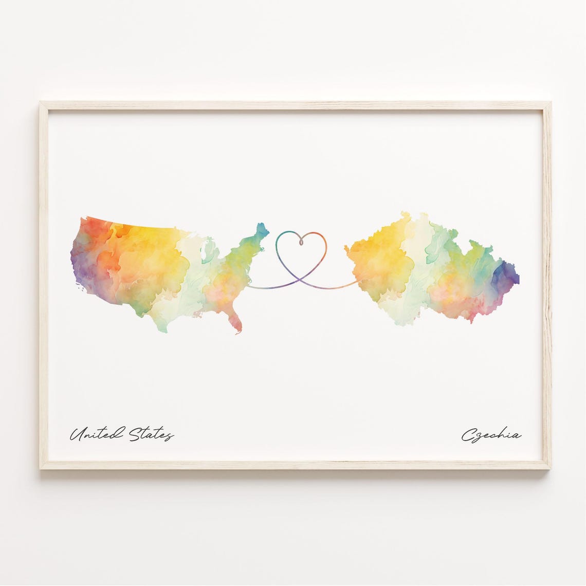 United States to Czechia Heart Line Watercolor Map Long Distance Print