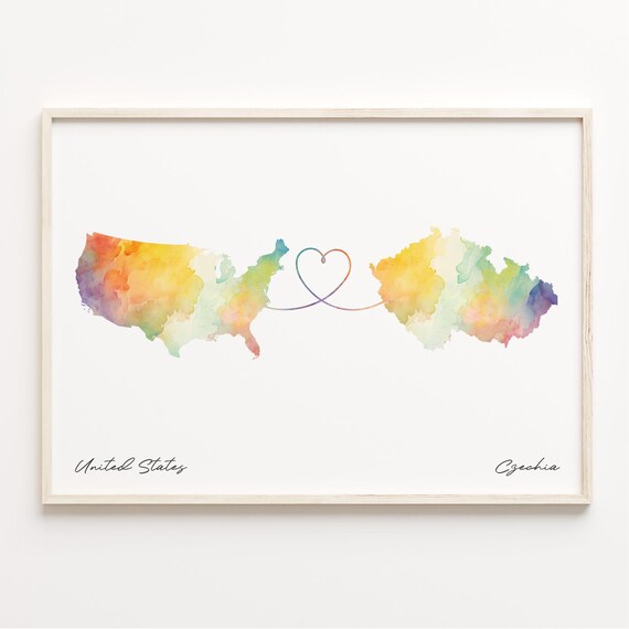 United States to Czechia Heart Line Watercolor Map Long Distance Print