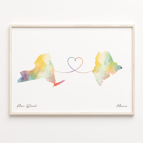 New York to Maine Watercolor Heart Connection Map Art Poster