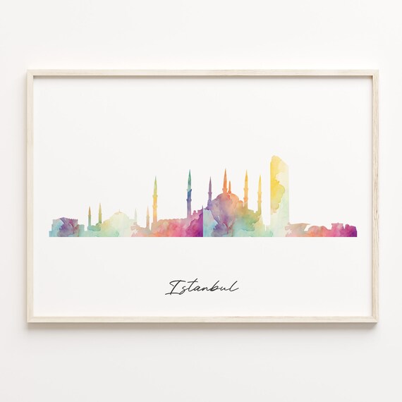 Istanbul Turkey Colorful Watercolor Skyline Cityscape Poster