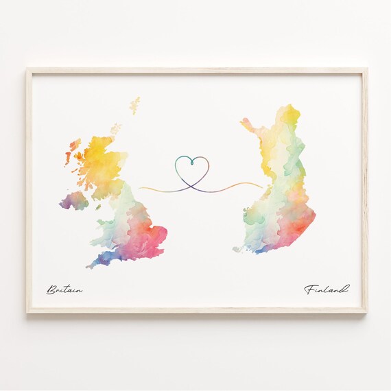 UK to Finland Watercolor Heart Connection Long Distance Gift Poster