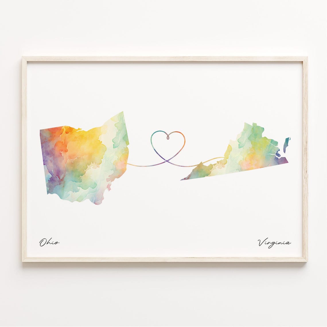 Ohio to Virginia Watercolor State Map Heart Connection Print
