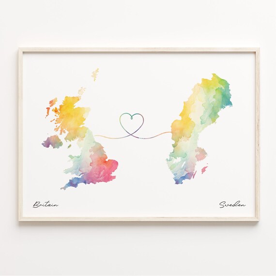 Britain Sweden Watercolor Heart Map Long Distance Love Gift Wall Art