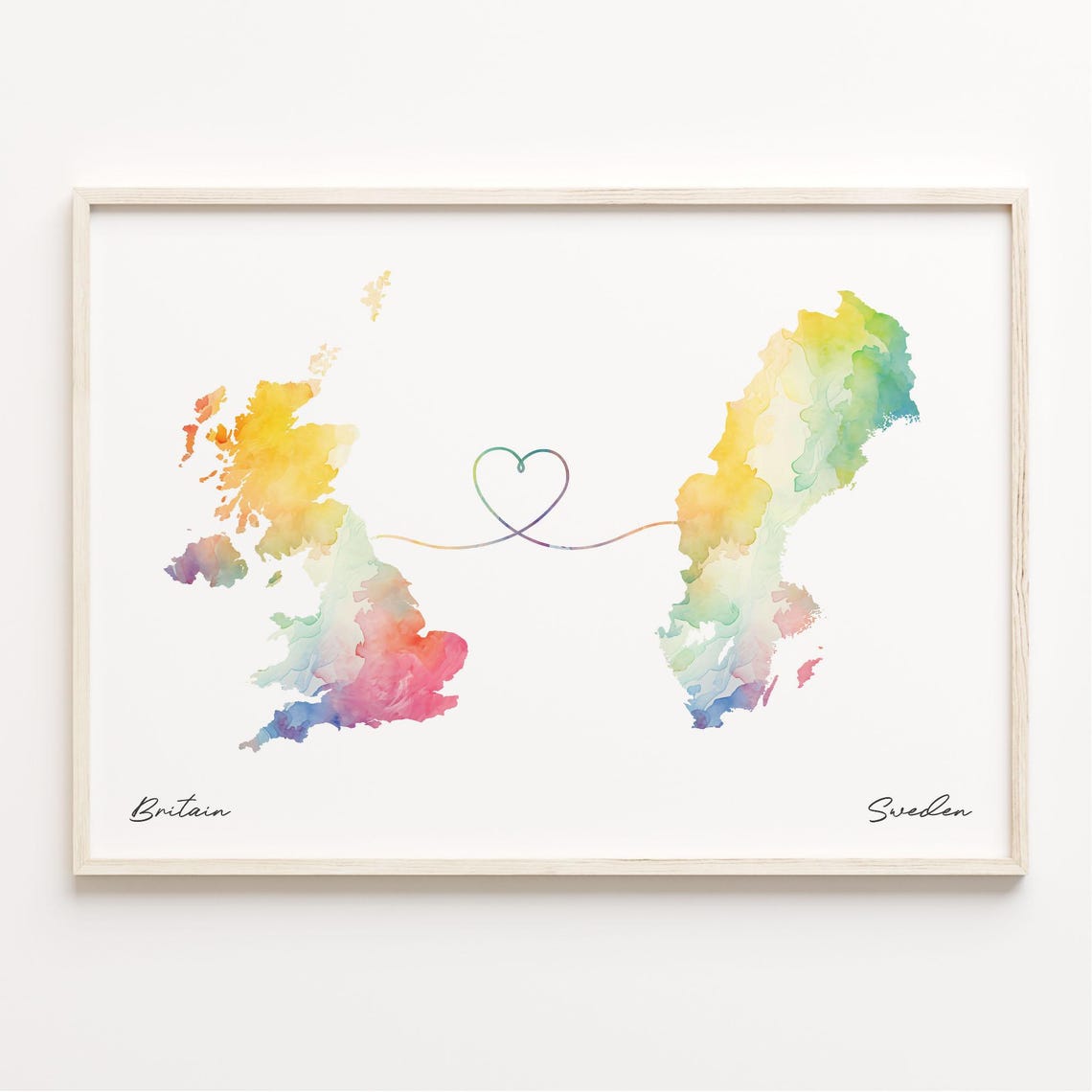 Britain Sweden Watercolor Heart Map Long Distance Love Gift Wall Art