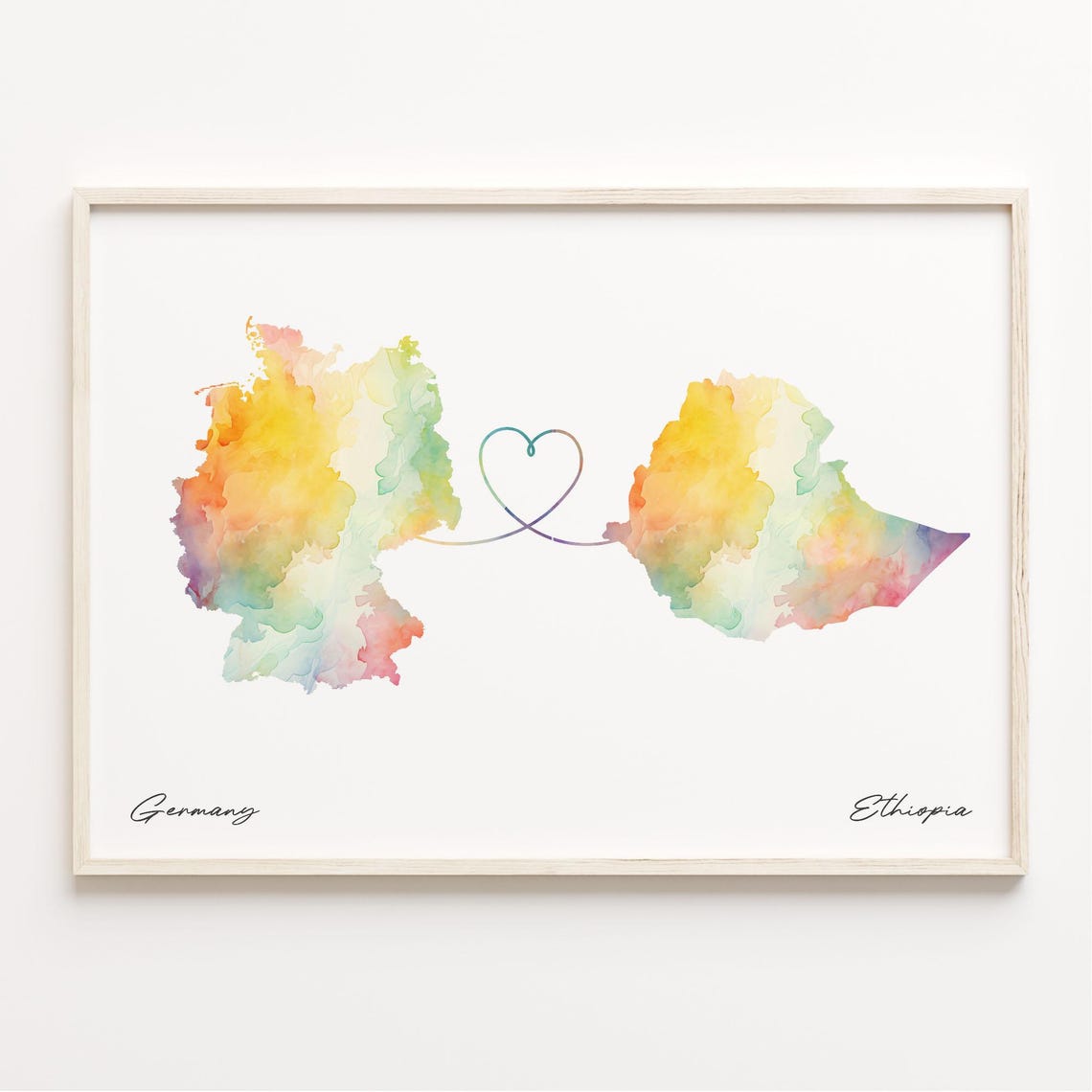 Germany To Ethiopia Watercolor World Map Heart Connection Gift Poster