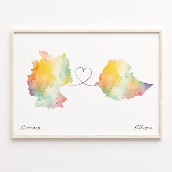 Germany To Ethiopia Watercolor World Map Heart Connection Gift Poster