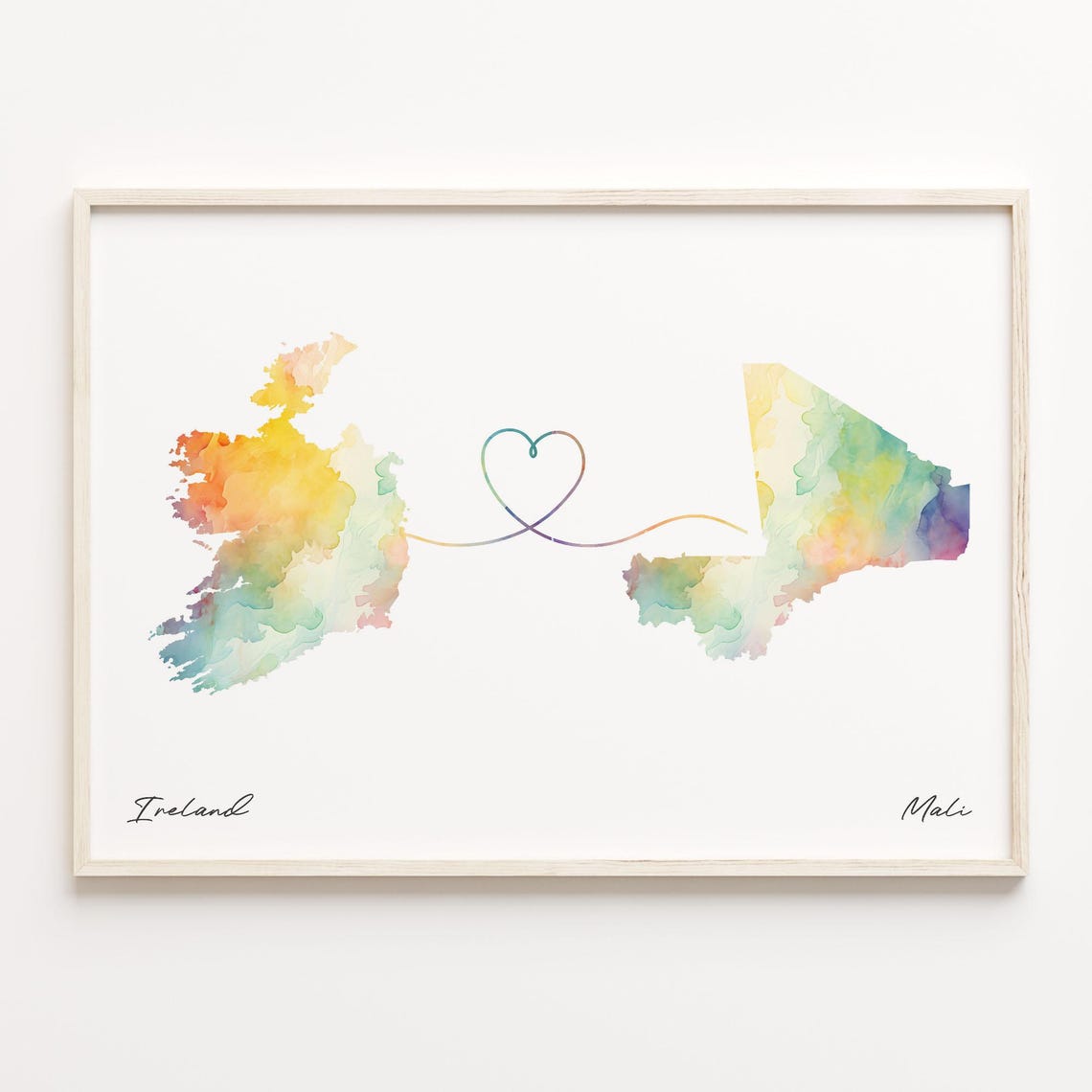 Ireland To Mali Watercolor Map Heart Line Connection Art Poster