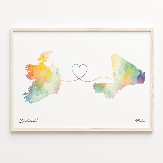 Ireland To Mali Watercolor Map Heart Line Connection Art Poster