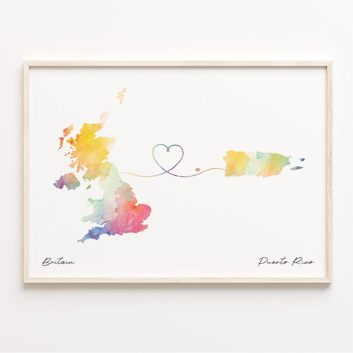 Britain to Puerto Rico Watercolor Map Art Long Distance Gift Poster
