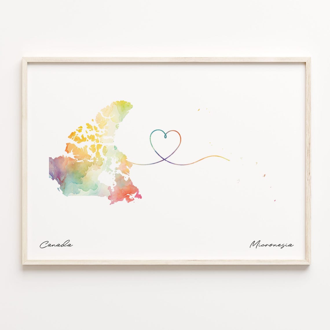 Canada to Micronesia Watercolor Heart Map Long Distance Love Poster