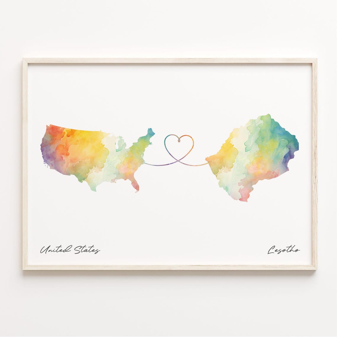 United States to Lesotho Watercolor Heart Connection Map Poster