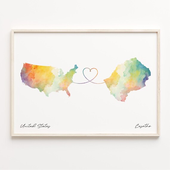 United States to Lesotho Watercolor Heart Connection Map Poster