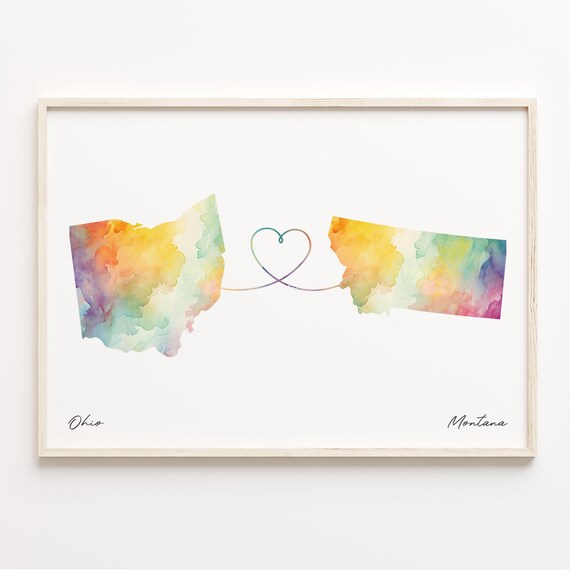 Ohio To Montana Watercolor Heart Map Long Distance Love Poster