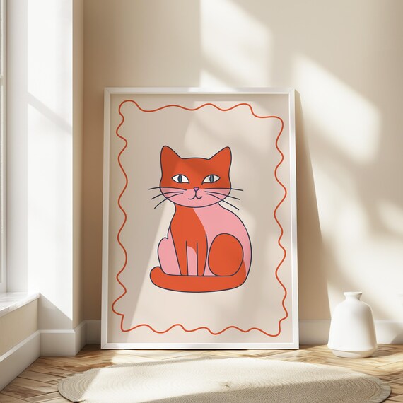 Orange Pink Cat Sitting Cute Kitten Illustration Kids Poster