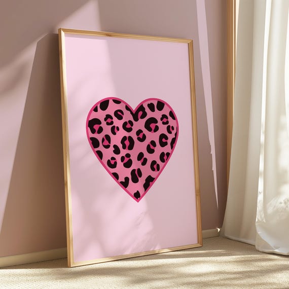 Pink Heart Wall Art For Girls Cute Leopard Print Poster Room Decor Nursery Modern