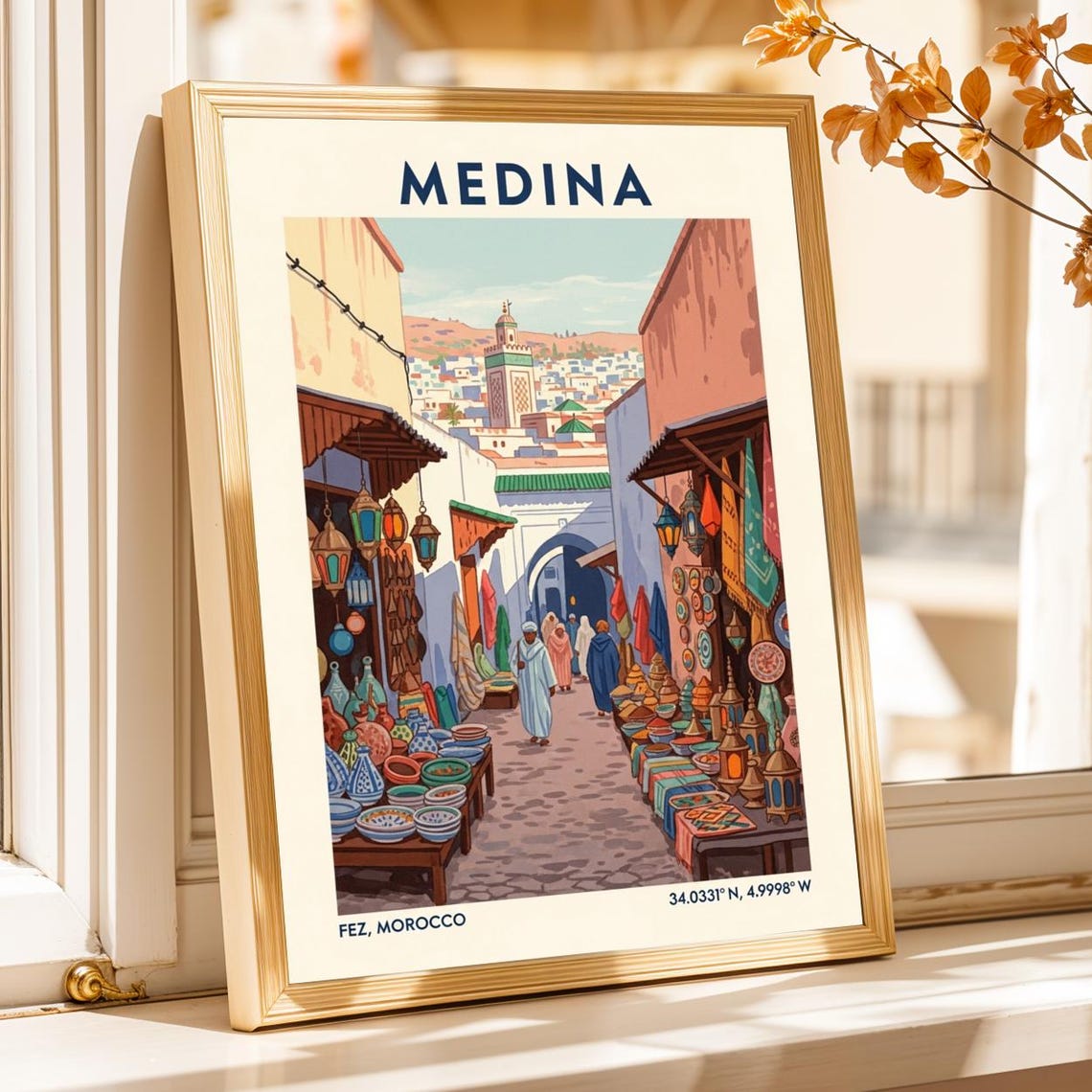 Fez Medina Morocco Vintage Souk Lantern Market Travel Poster