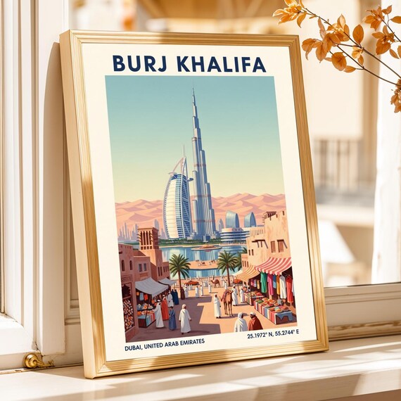 Dubai Skyline Poster Vintage Gouache Burj Khalifa Art