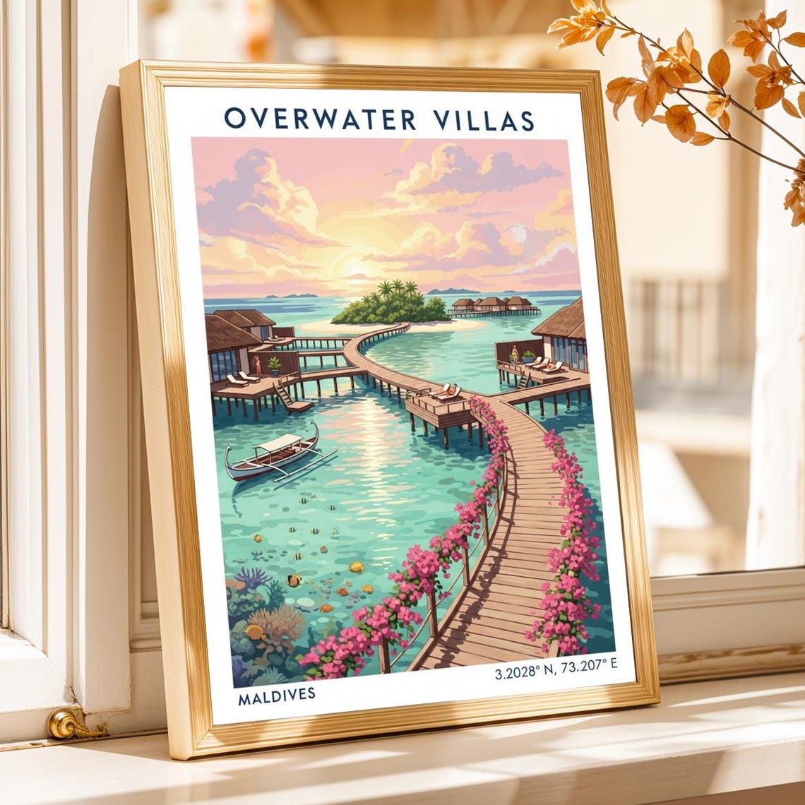 Maldives Overwater Villa Print Tropical Sunset Gouache Painting