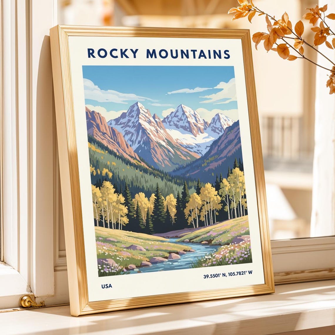 Rocky Mountains Vintage Travel Poster Snow Capped Peaks River USA
