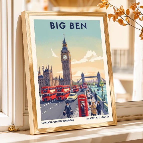 Vintage Big Ben Poster London Gouache Illustration British Landmarks