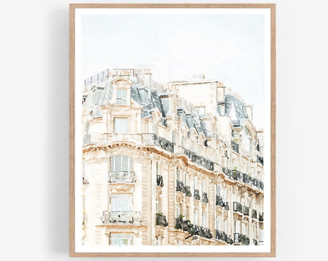 Paris Haussmann Buildings Watercolor Poster in Soft White Neutral Tones