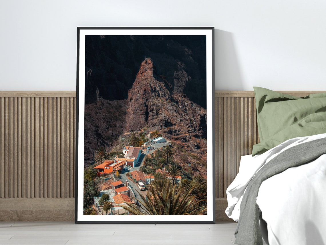 Mountain Village Under Dramatic Cliffs Palm Trees Landscape Poster - Image 4
