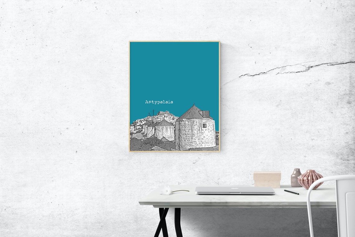 Astypalaia Teal Pop Art Greek Windmill Village Sketch Print Decor - Image 2