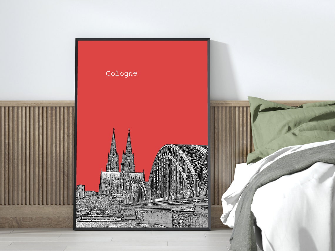 Cologne Red Pop Art Cathedral Twin Spires Bridge Sketch Print Decor - Image 4