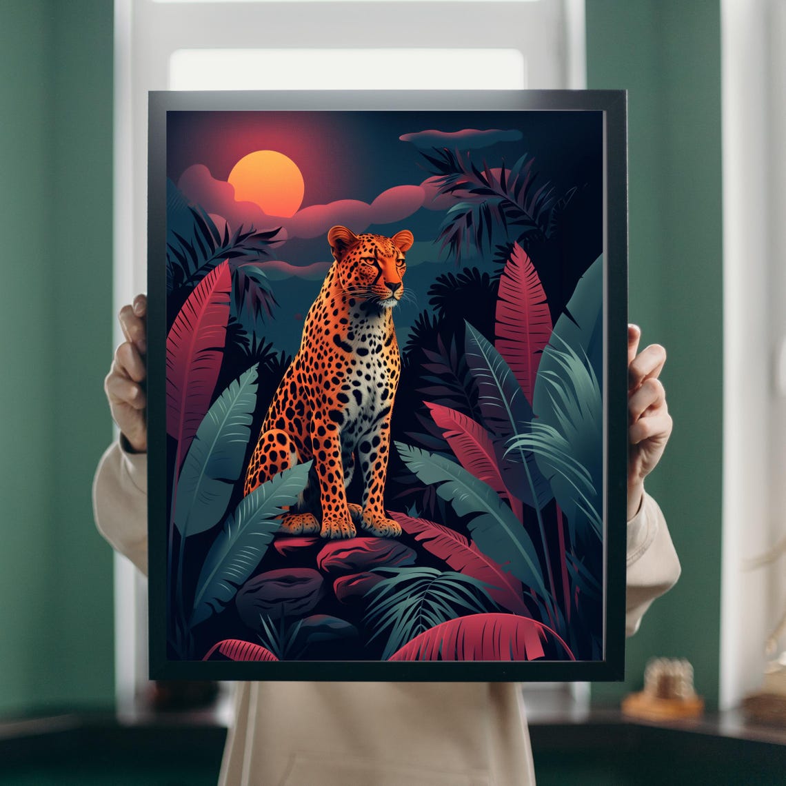 Leopard Jungle Sunset Tropical Art Print Colorful Wildlife Wall Decor - Image 3