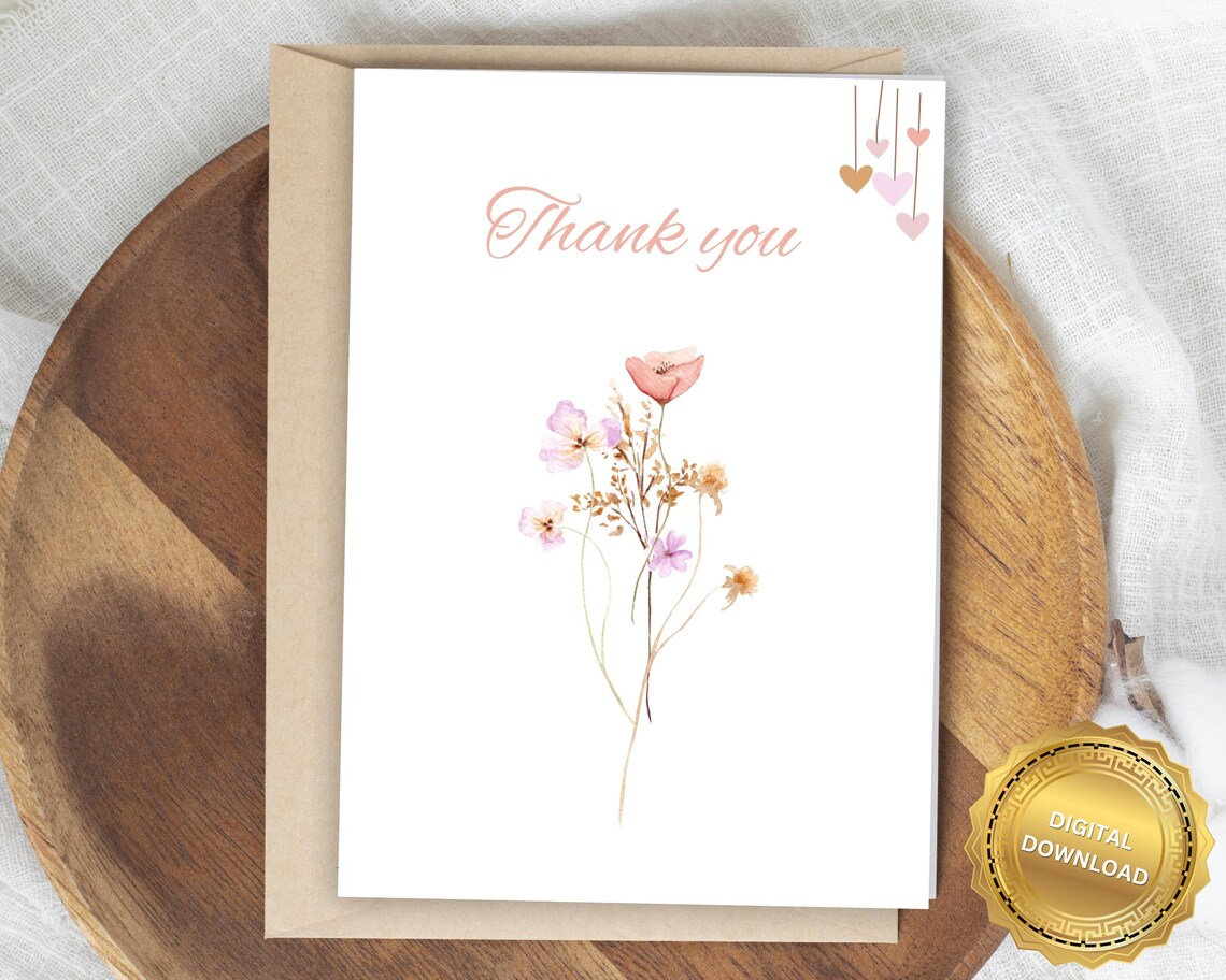 Thank You Watercolor Wildflower Card with Hanging Hearts Poster Art