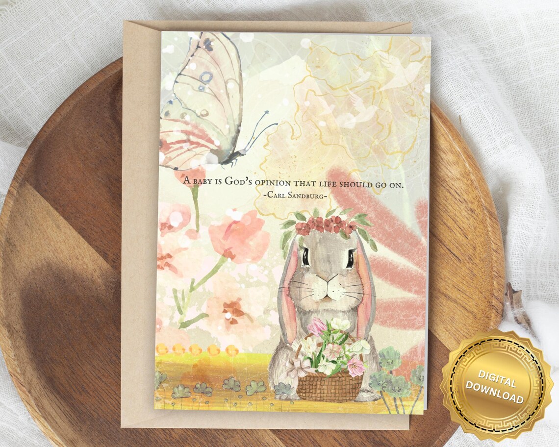 New Baby Watercolor Bunny Card with Carl Sandburg Quote Poster Art