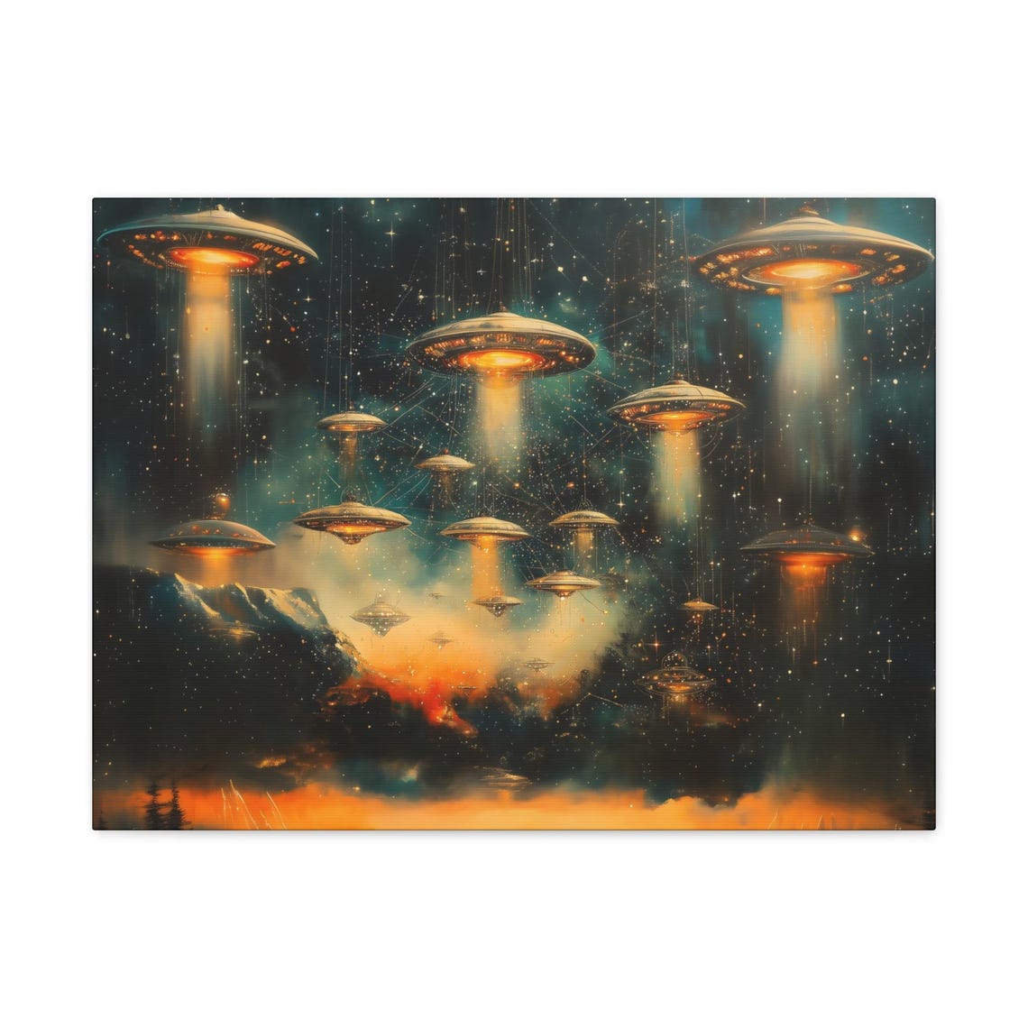 Bright Armada of Glowing UFOs Over Starry Mountain Night Sky Print - Image 3