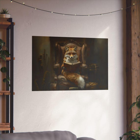 Reading Fox Maximalist Eclectic Victorian Poster Print Bold Altered Animal Portrait Fantasy Fun Colorful Renaissance Rustic Art
