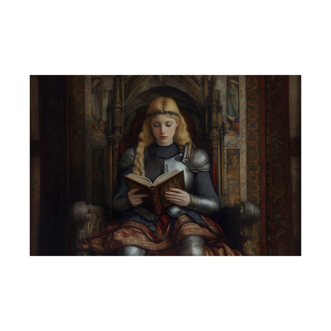 Warrior Maiden Reading On A Carved Throne Dark Fantasy Wall Art - Image 3