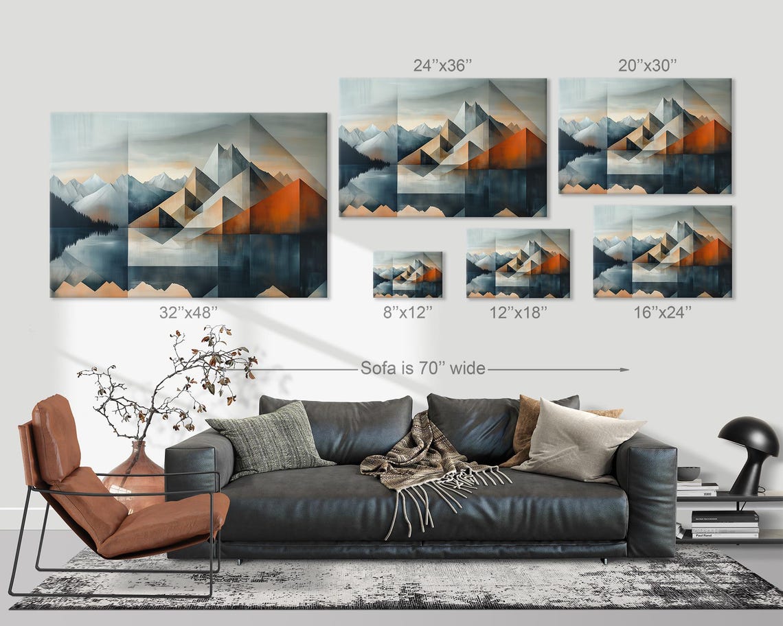 Geometric Alpine Peaks Mirror Lake Misty Cool Tone Modern Poster - Image 3