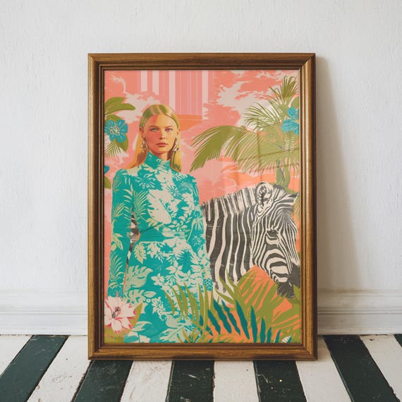 Lady With Zebra Wall Print Tropical Art Eclectic Decor Fashion Unframed