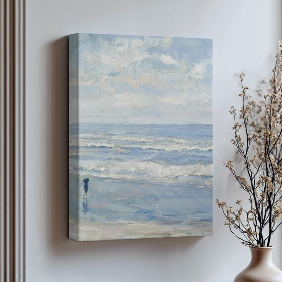 Lone Walker On Impressionist Ocean Shore Blue Seascape Poster