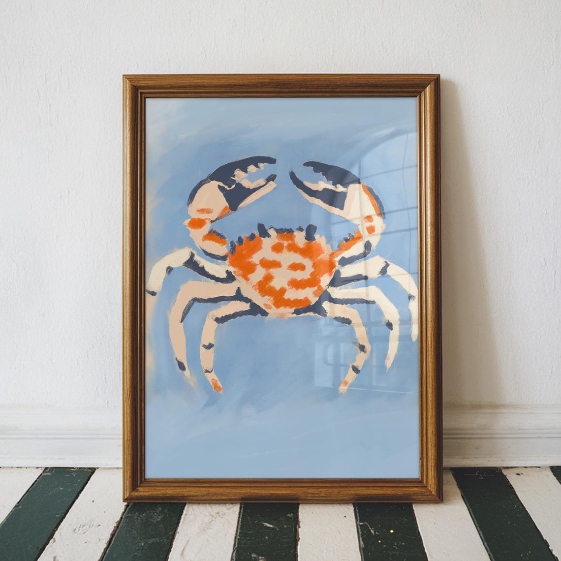 Colorful Crab Coastal Painting Orange Navy Blue Beach Wall Art