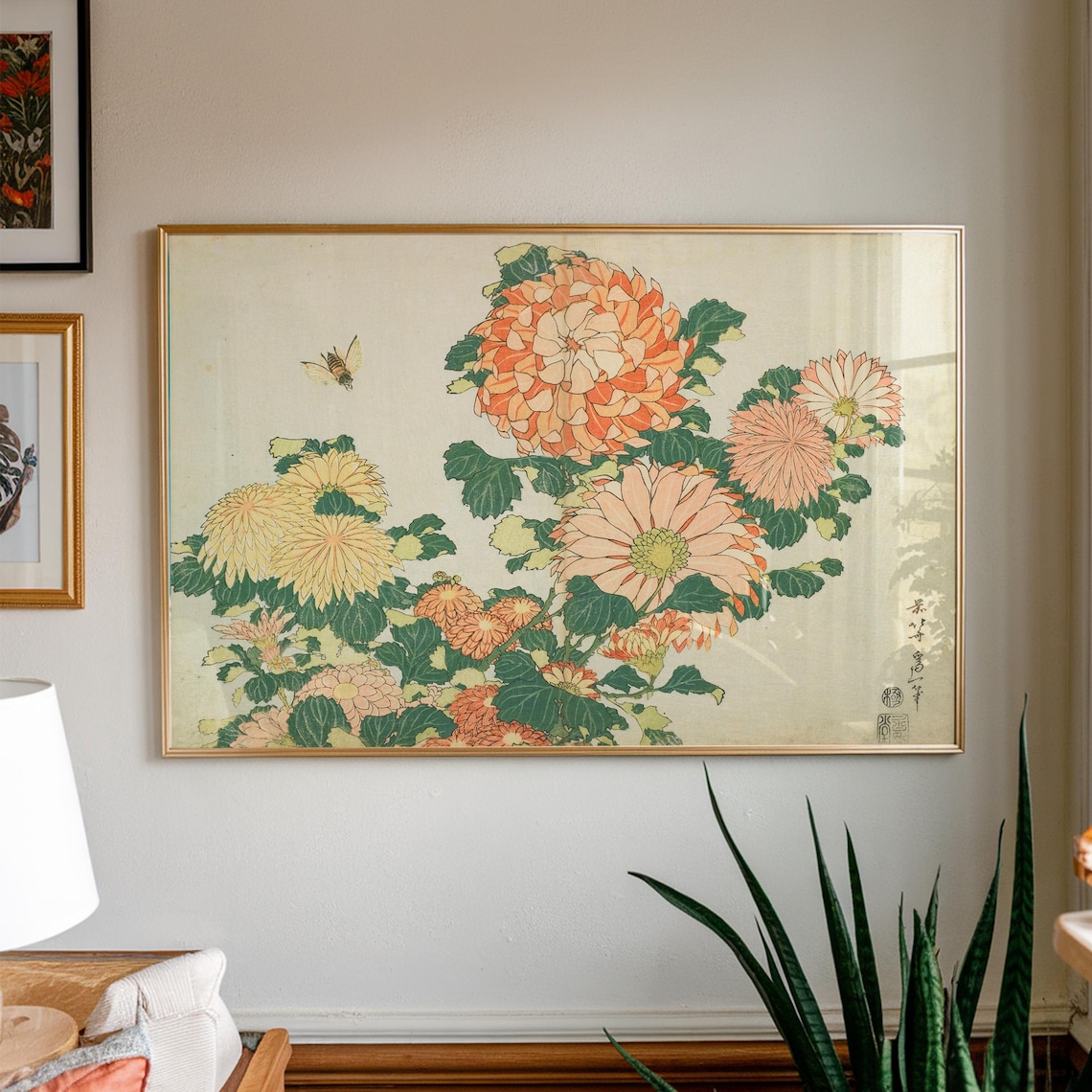 Chrysanthemums and Horsefly Vintage Japanese Flower Ukiyo-e Art Poster