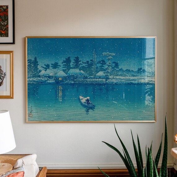 Kawase Hasui Ushibori Evening Snow Boat on Water Japanese Woodblock Poster