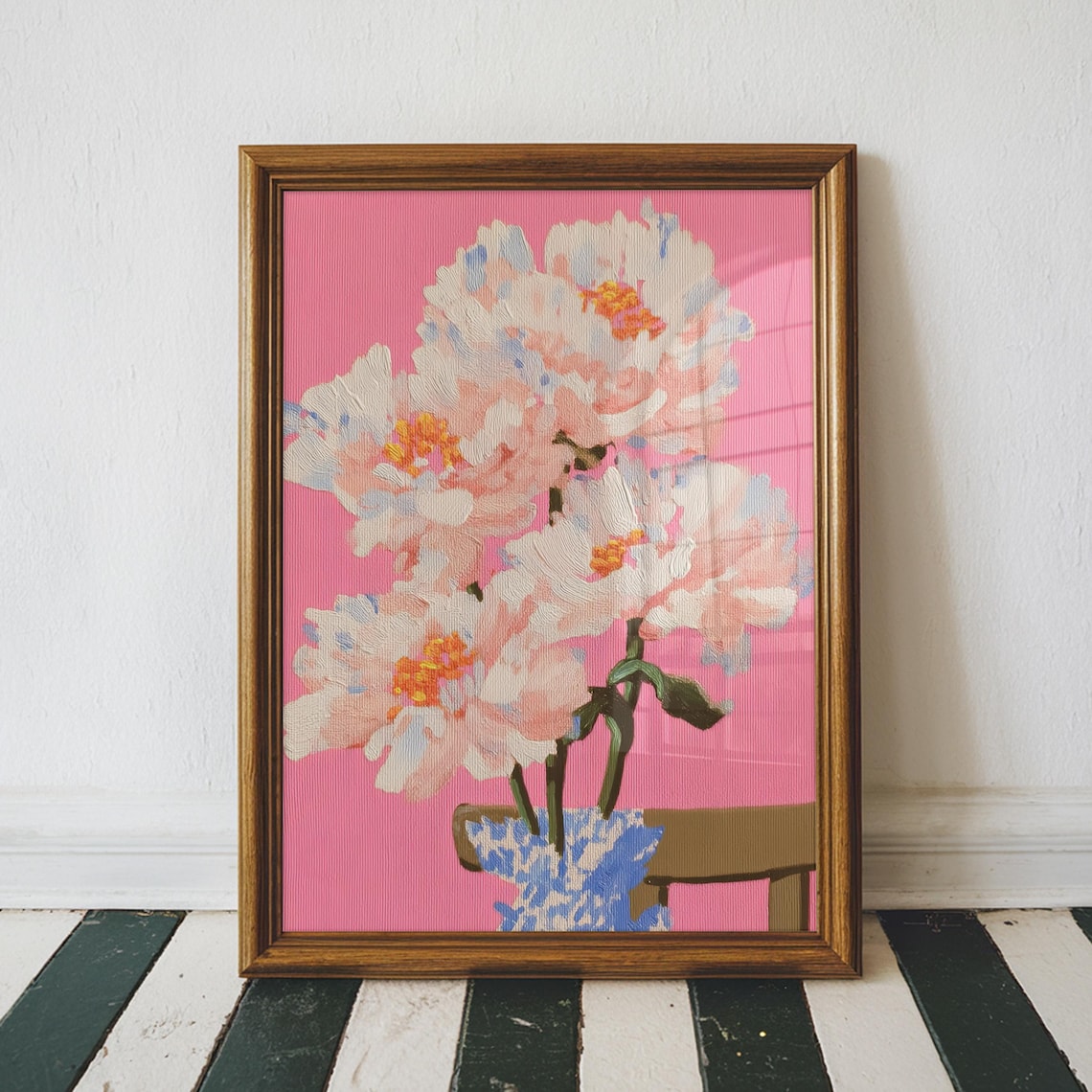 Pink Peonies In Blue Vase On Hot Pink Floral Impasto Painting Poster