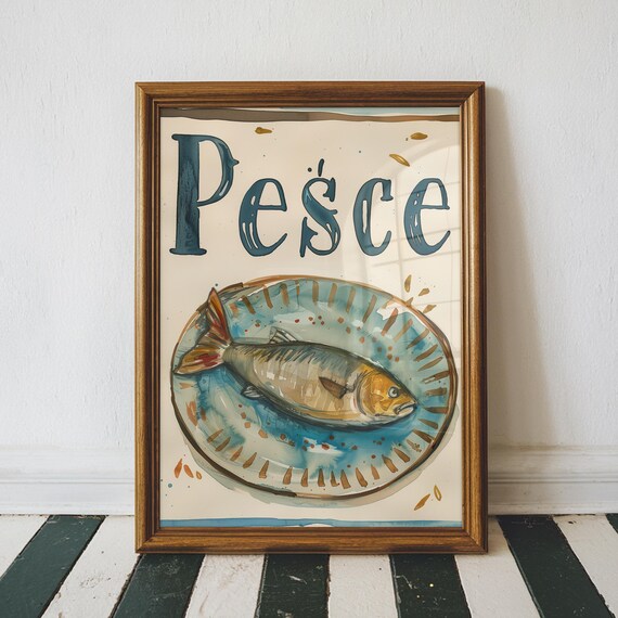 Italian Fish Painting Print Food Inspired Home Decor Dolce Vita Mediterranean Foodie Wall Art Unframed