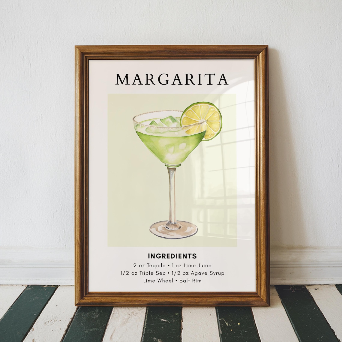 Margarita Cocktail Recipe Watercolor Lime Bar Cart Wall Poster