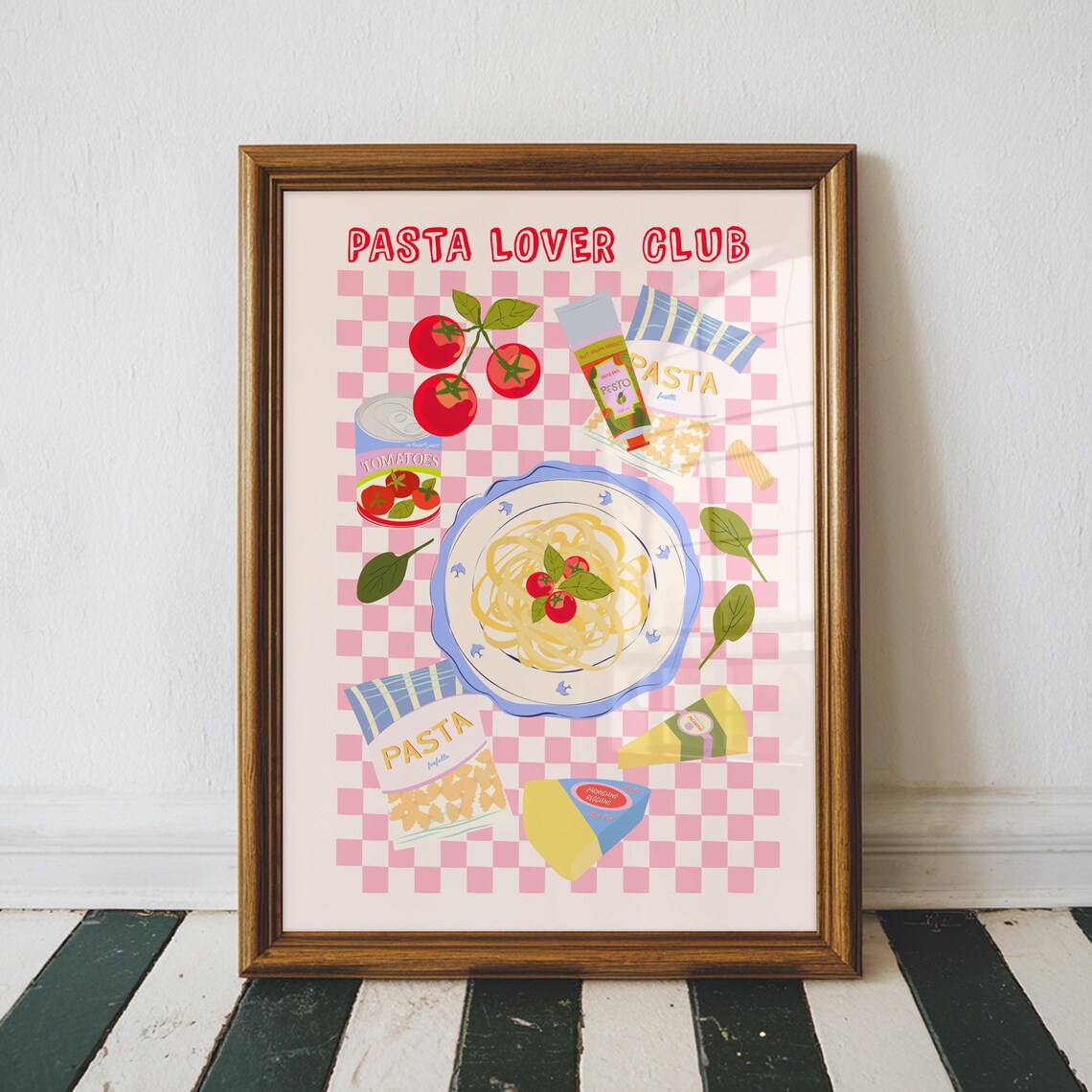 Pasta Lover Club Italian Food Illustration Pink Kitchen Art Poster