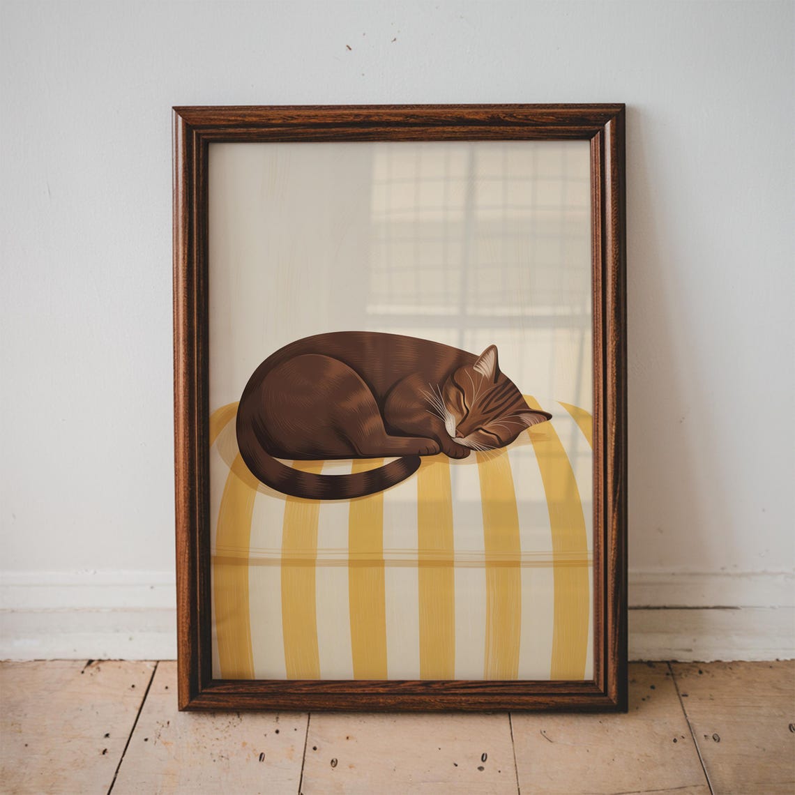 Sleeping Tabby Cat Napping on Yellow Striped Cushion Art Poster