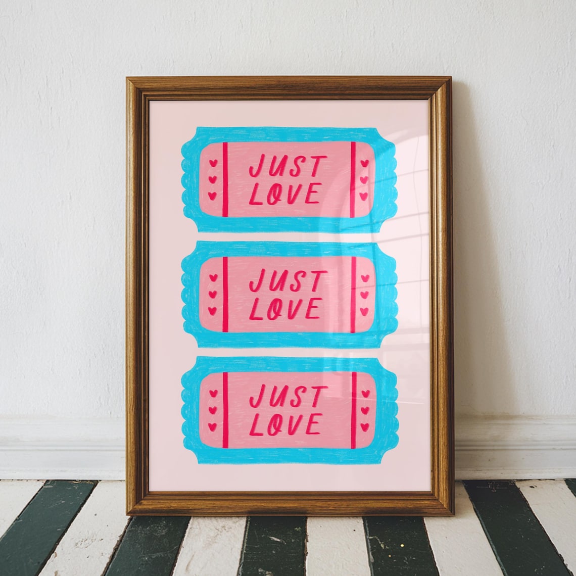 Just Love Pink Retro Cinema Tickets Heart Valentine Art Poster